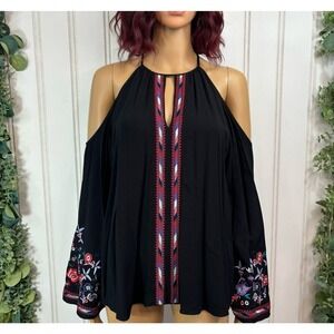 Parker Cold Shoulder Top Blouse Floral Black Embroidered Bell Sleeve Boho SMALL